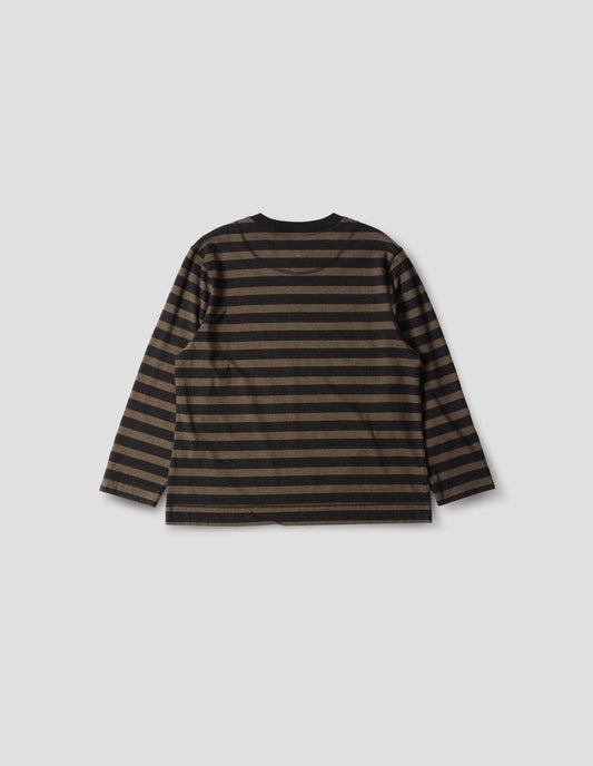 Off black and brown stripe cotton top, with half moon neck lining, and flatlock stitch detailing on the seams and back yoke, back flat lay view.