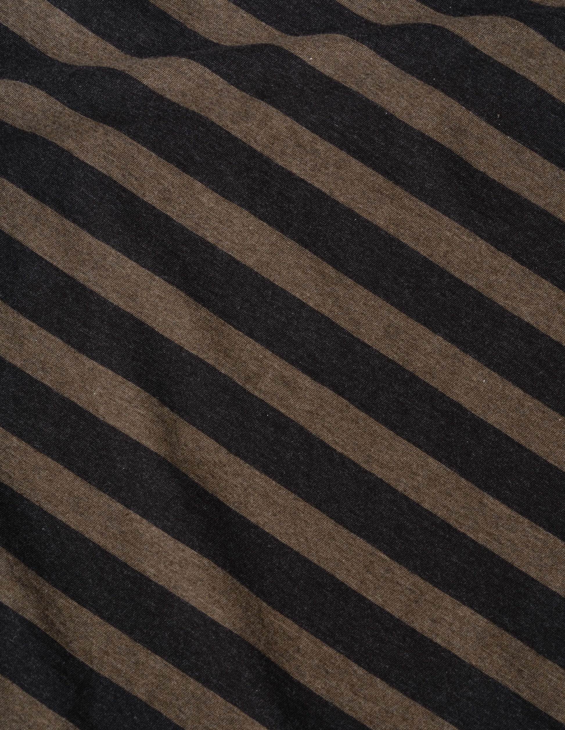 Off black and brown stripe light cotton melange stripe crew neck matelot, fabric swatch.