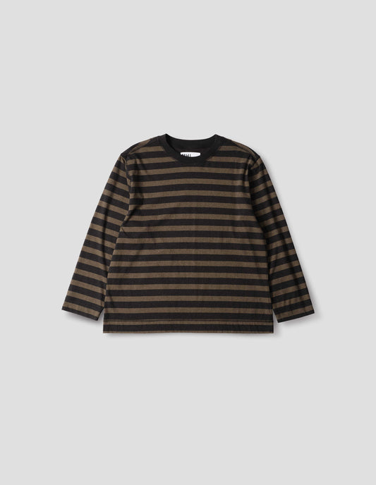 Off black and brown stripe cotton top, with contrasting rib neck and flatlock stitch detailing on the seams, front flat lay view.
