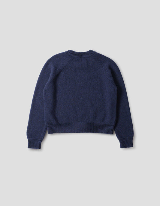 Blue lambswool jumper, with raglan sleeves, and ribbed neck, cuffs and hem, back flat lay view.