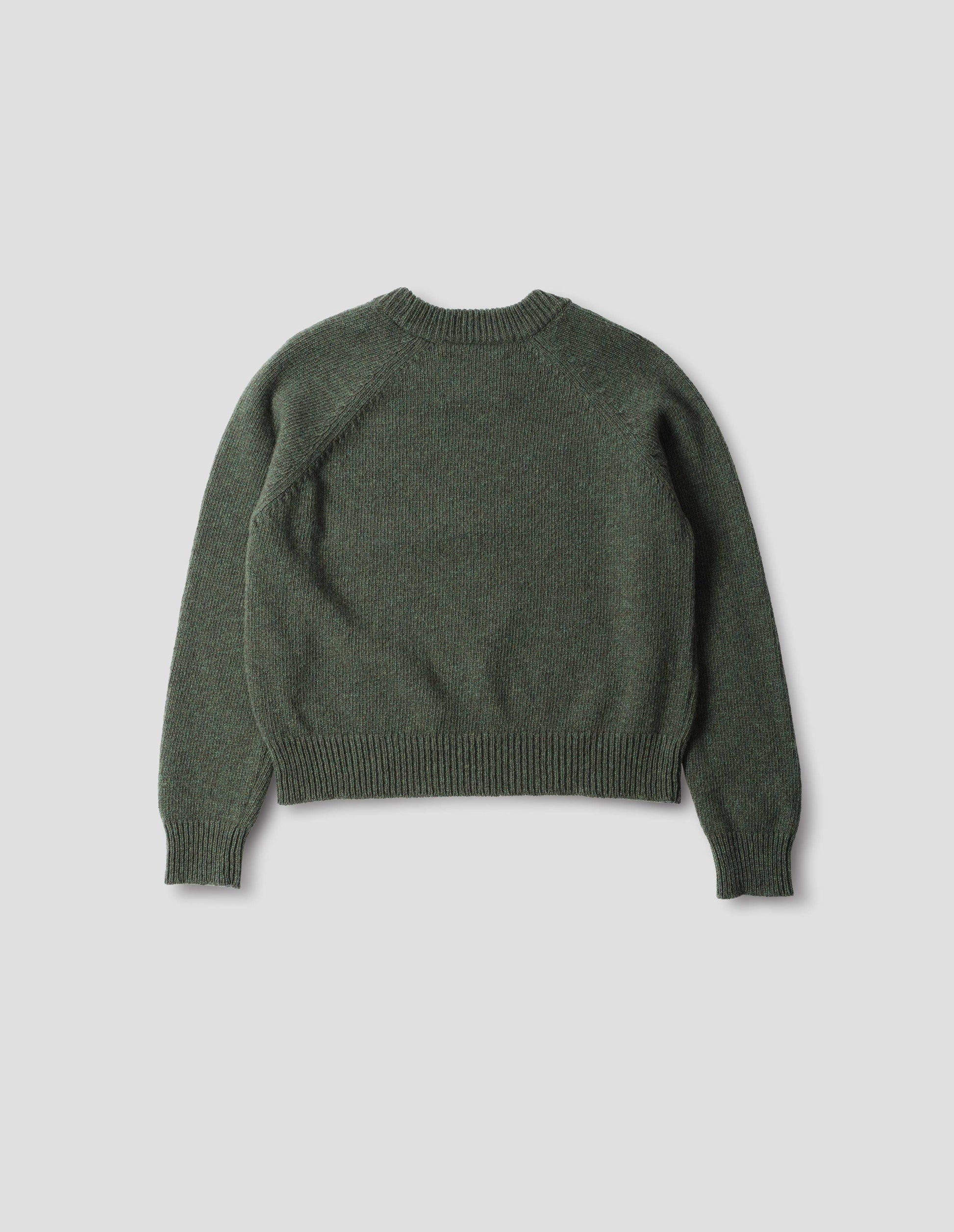 Green knitted wool jumper with raglan sleeves, and rib detailing on the neckline, cuffs and hem. Back flat lay view.