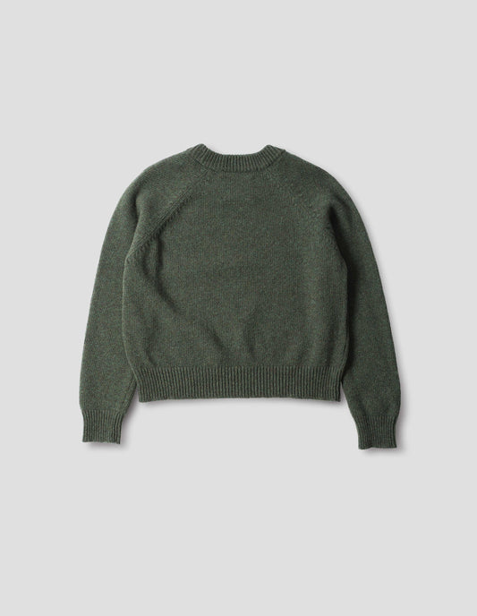 Green knitted wool jumper with raglan sleeves, and rib detailing on the neckline, cuffs and hem. Back flat lay view.