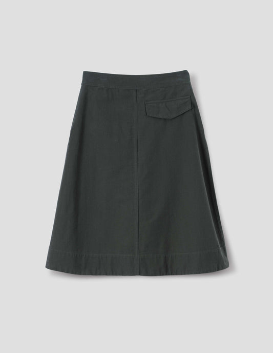 Dark green cotton skirt, with back flap pocket, back flat lay view.