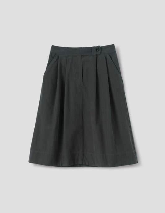Dark green cotton skirt, with loop and button fastening, slant pockets and ticket pocket, front flat lay view.