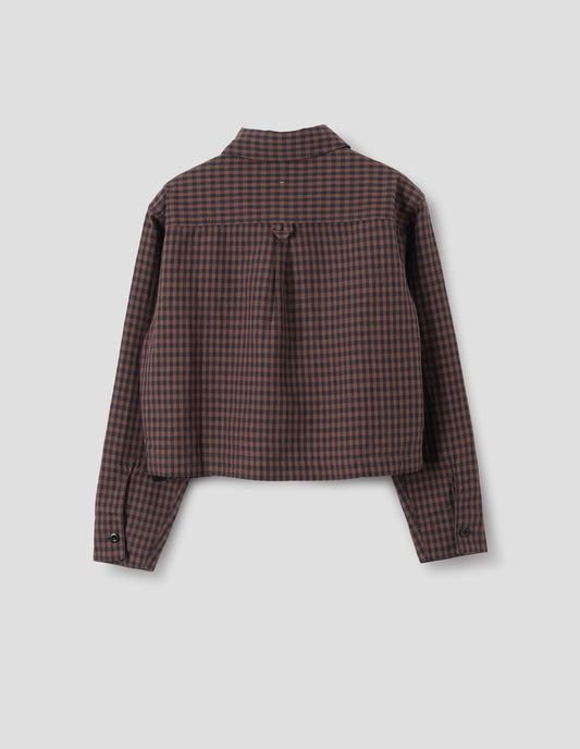 Brown and dark blue check cotton linen shirt, with back yoke, box pleat, external hem loop detailing and button cuffs, back flat lay view.