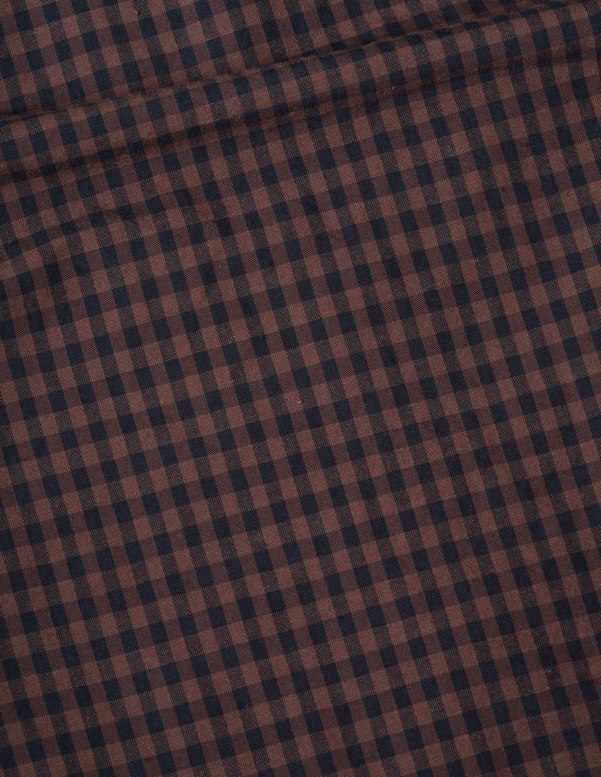 Brown and dark blue irregular cotton linen gingham double pocket shirt, fabric swatch.