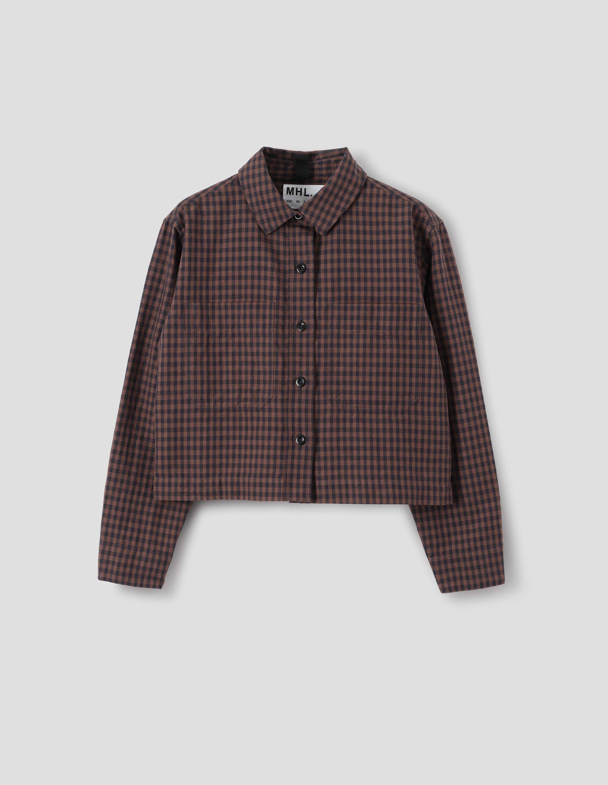 Brown and dark blue check cotton linen shirt, with patch chest pockets and dark buttons, front flat lay view