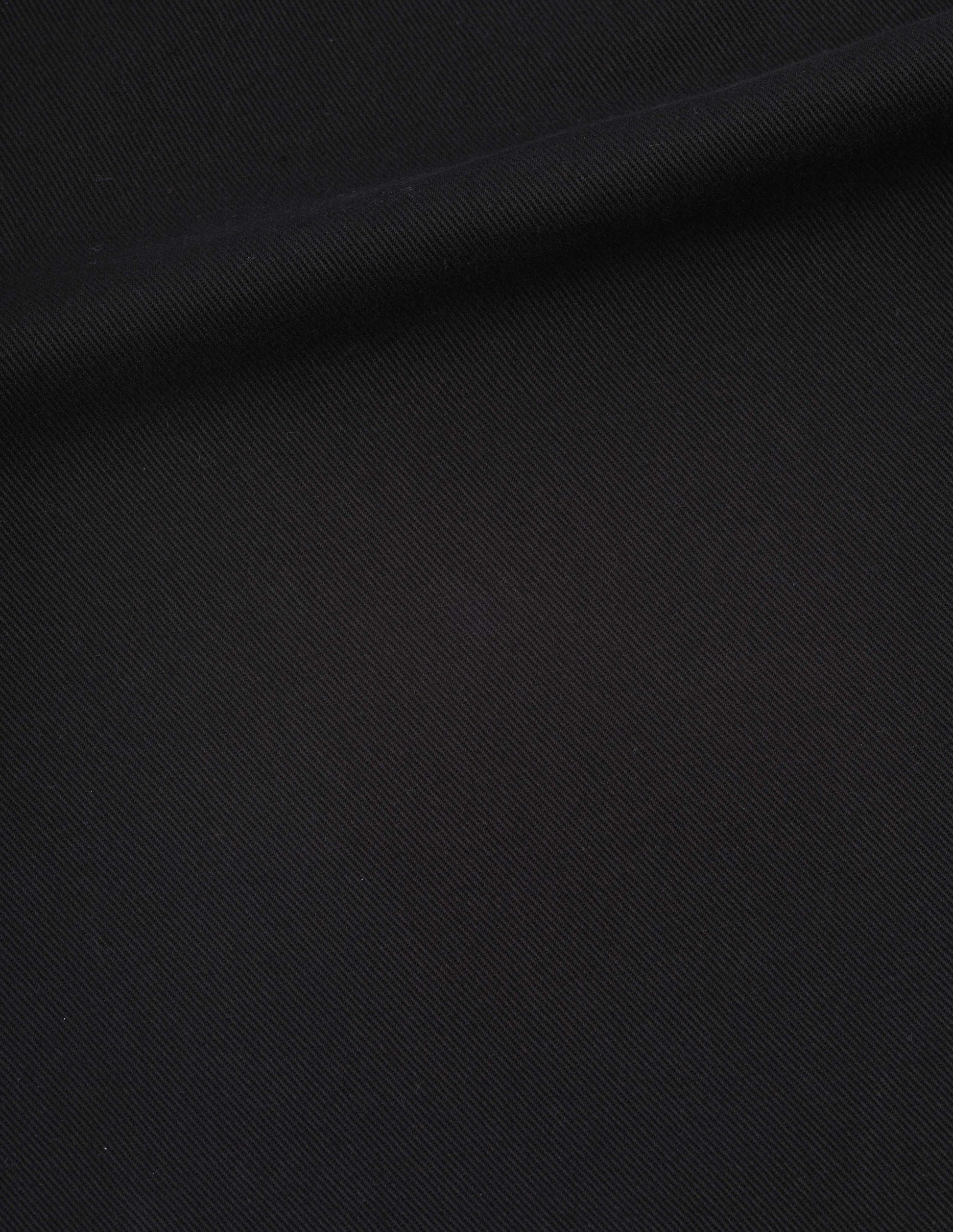 Black cotton drill straight leg trousers, fabric swatch.