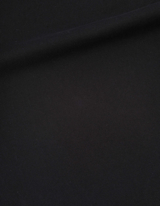Black cotton drill straight leg trousers, fabric swatch.