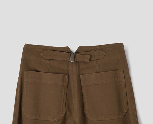 Brown cotton trousers, with patch back pockets and cinch waist adjuster, back flat lay view.