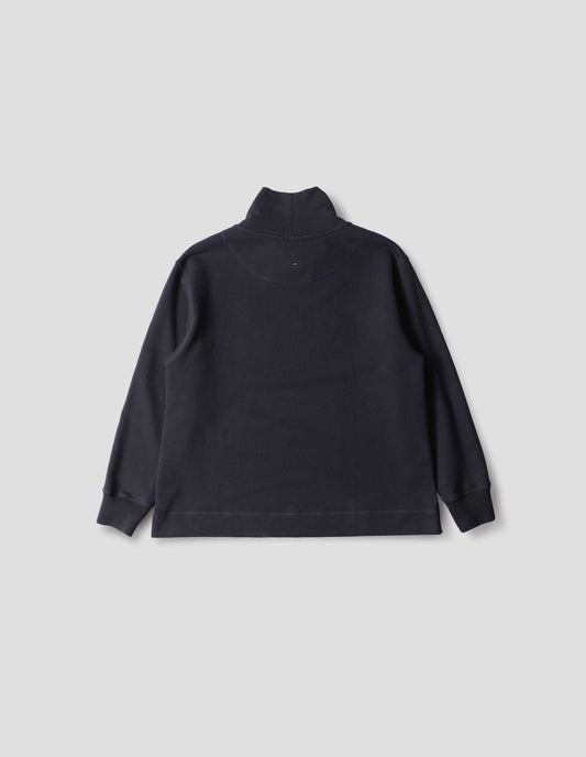 Dark navy loose funnel neck sweatshirt with single rib on cuffs and flatlock stitching on seams, back flat lay view.