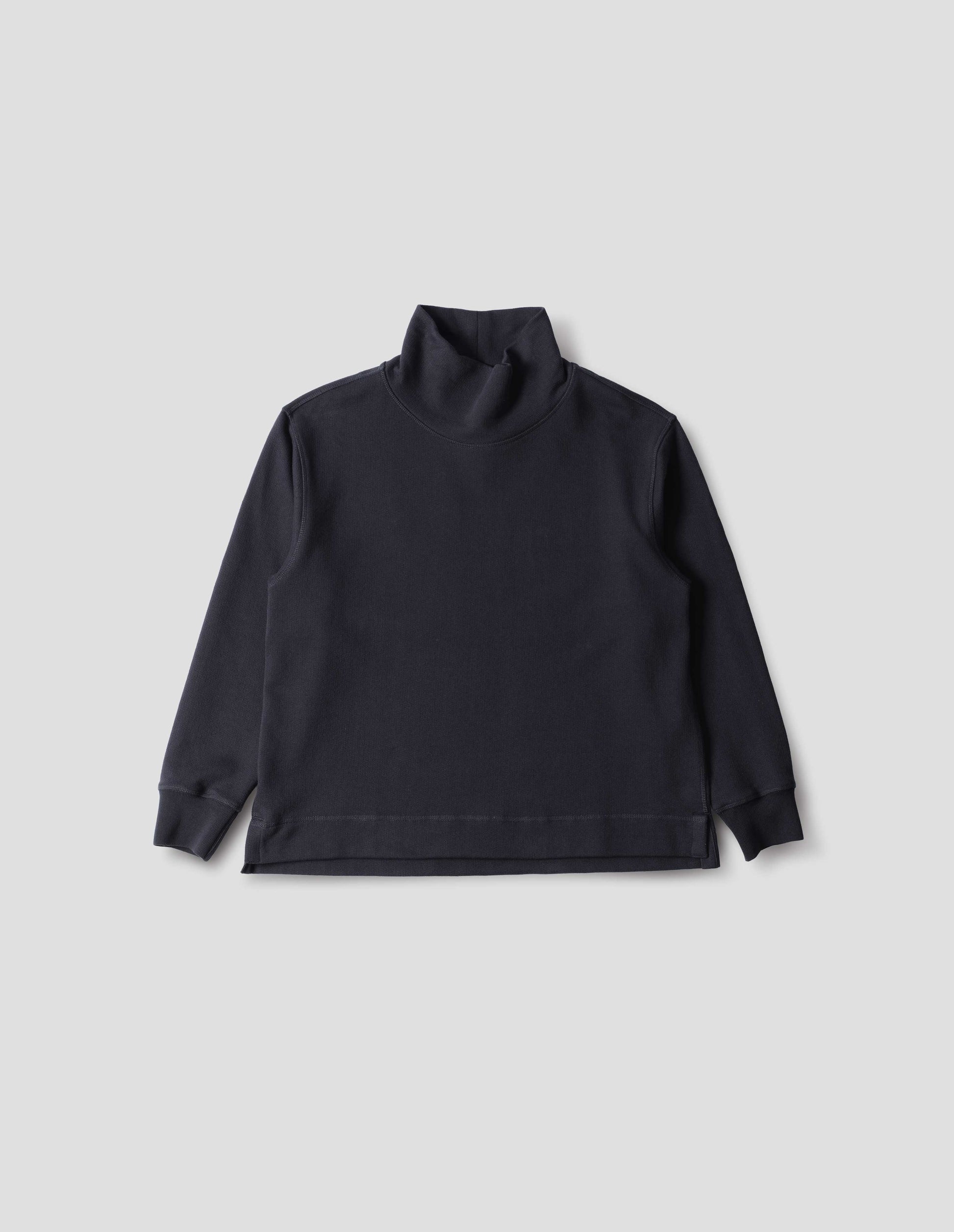 Dark navy loose funnel neck sweatshirt with single rib on cuffs and flatlock stitching on seams, stepped vent split hem, front flat lay view.