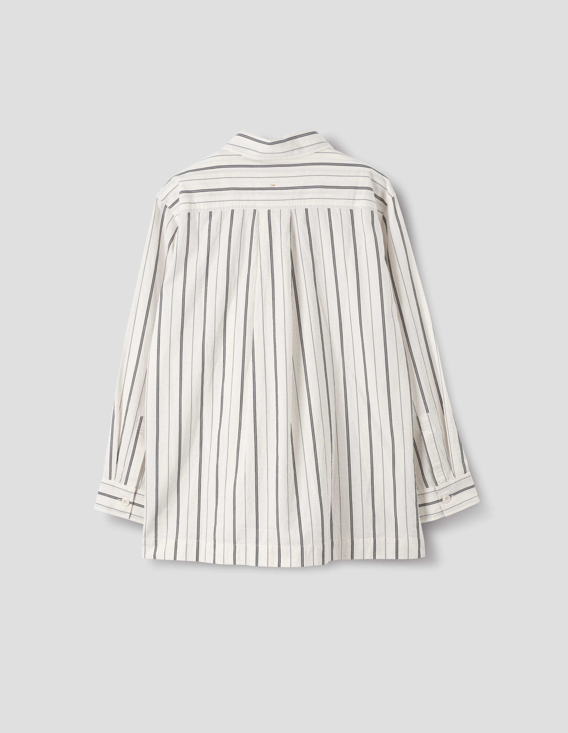 Off white and dark blue stripe cotton shirt, with back yoke and box pleat, back flat lay view.