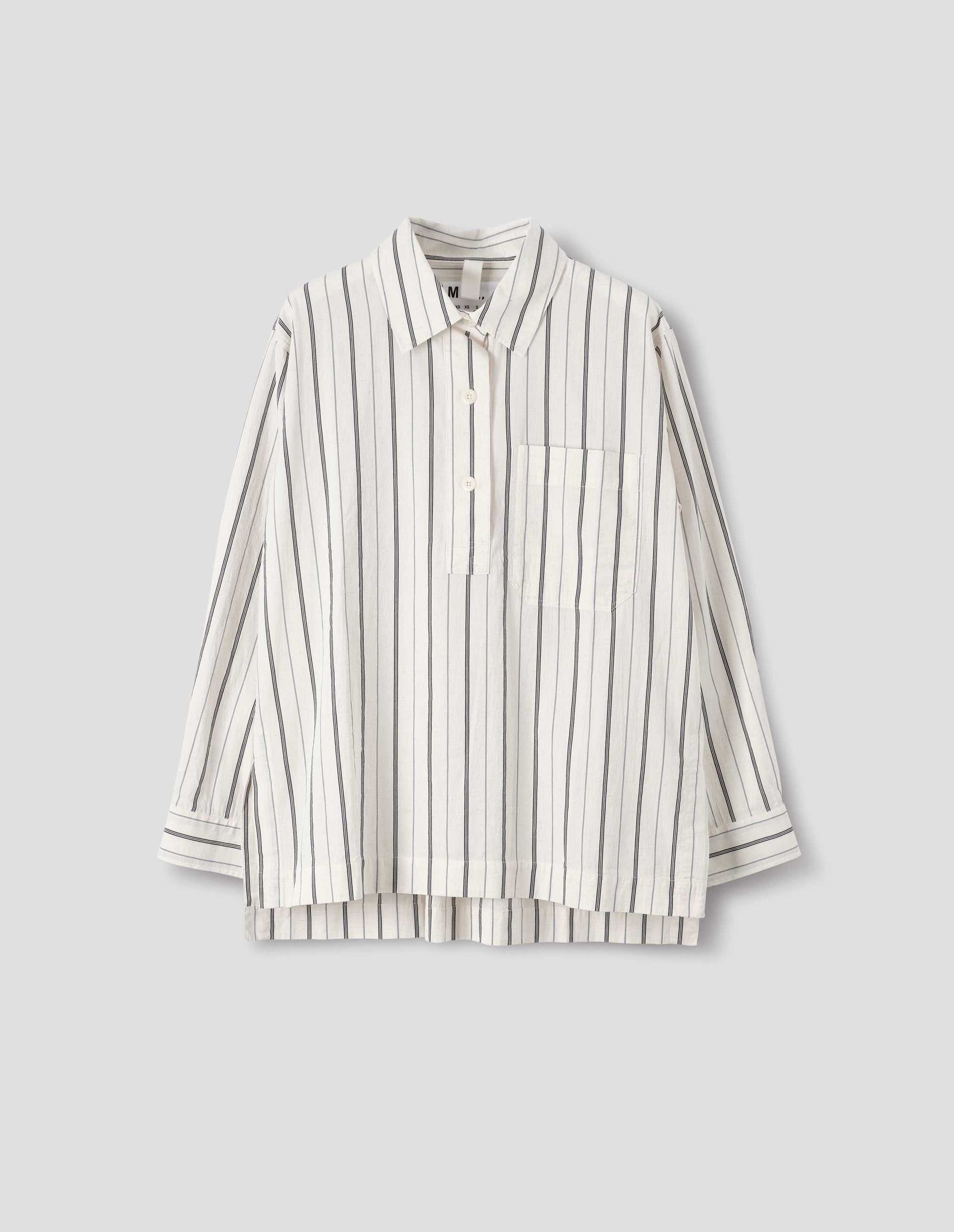 Off white and dark blue stripe cotton shirt, with light buttons, chest patch pocket and side splits, front flat lay view.