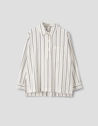MHL. LONG PULL ON SHIRT | JAPANESE WIDE STRIPE COTTON BLEND | OFF WHITE / NAVY