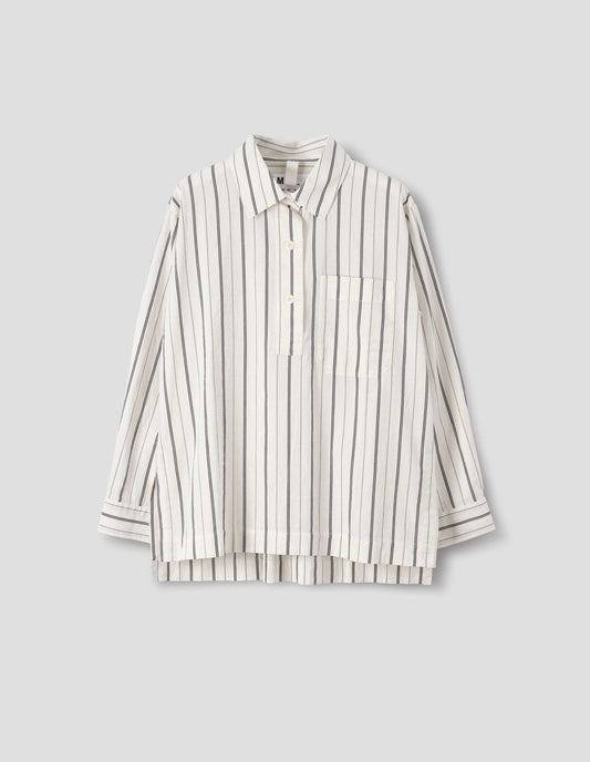 Off white and dark blue stripe cotton shirt, with light buttons, chest patch pocket and side splits, front flat lay view.