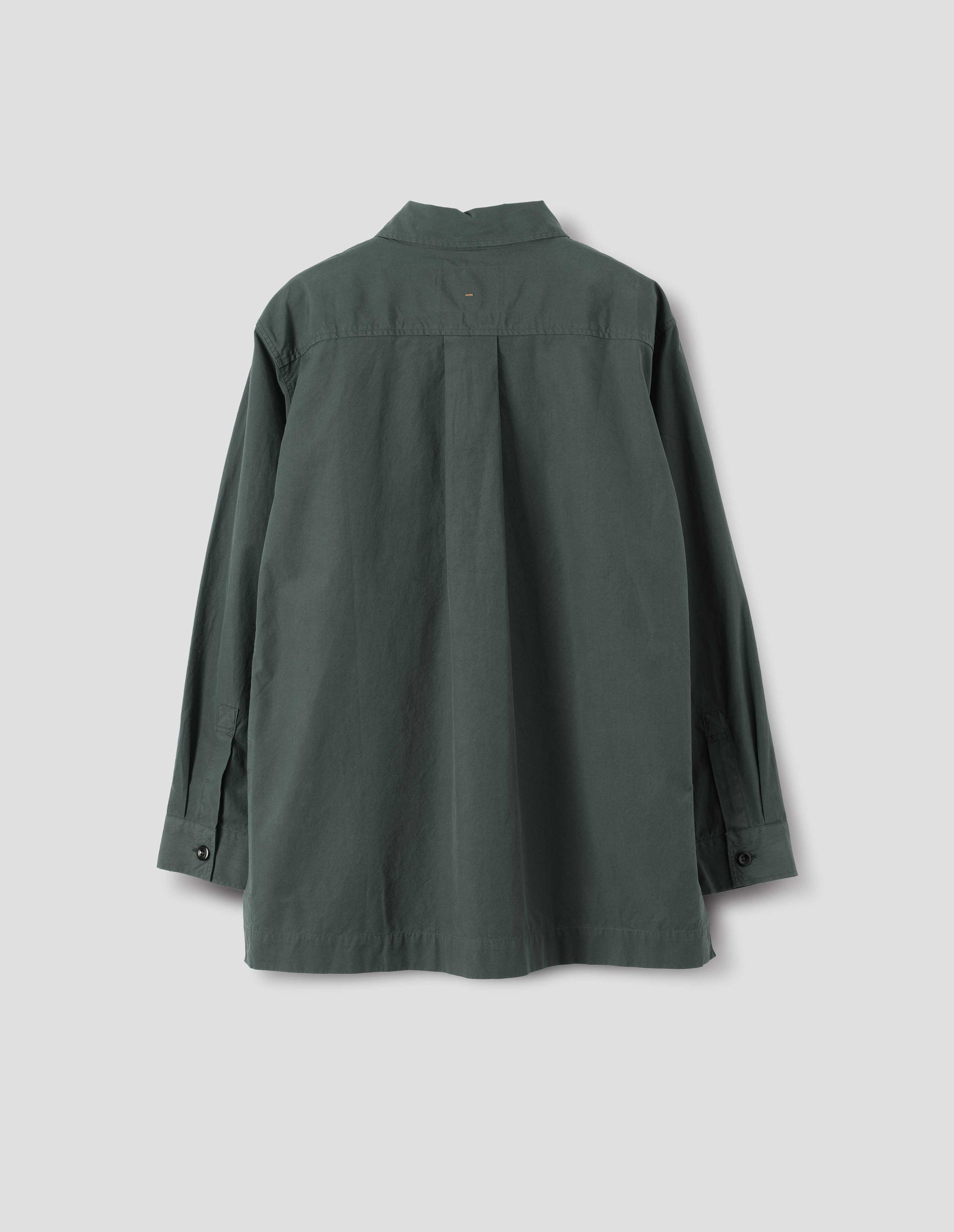 Greyish green cotton shirt with a box pleat on back yoke and a stepped hem, back flat lay view.