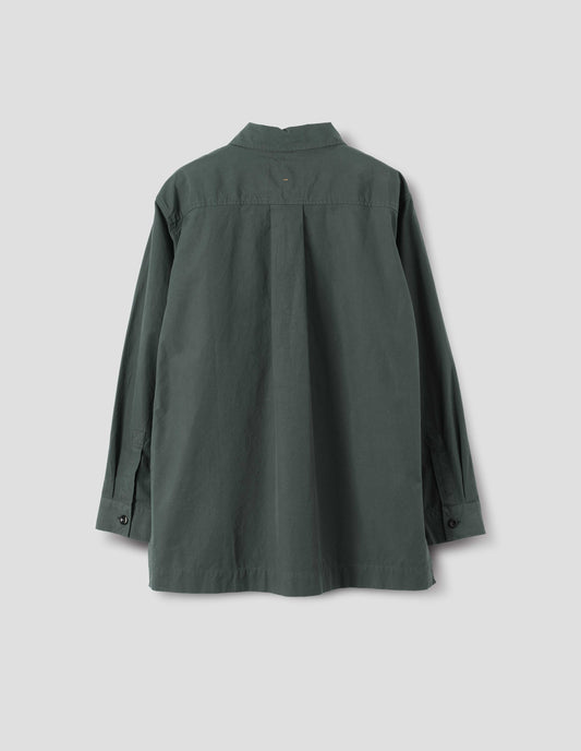 Greyish green cotton shirt with a box pleat on back yoke and a stepped hem, back flat lay view.