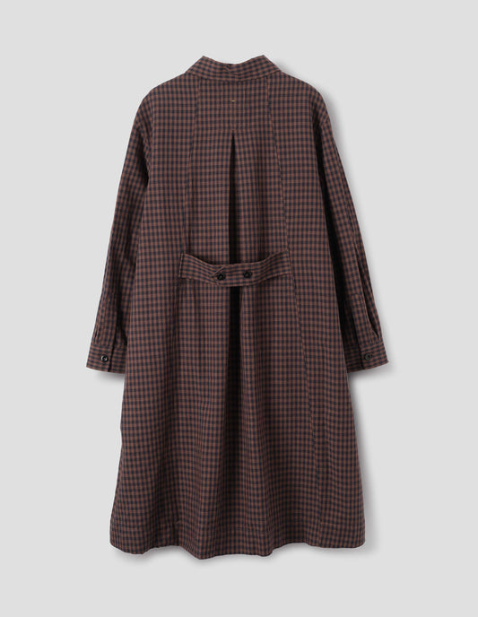 Brown and dark blue check cotton linen dress, with an inverted pleat and adjustable two button belt and button cuffs, back flat lay view.