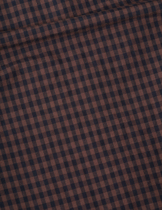 Brown and dark blue irregular cotton linen gingham offset placket dress, fabric swatch.