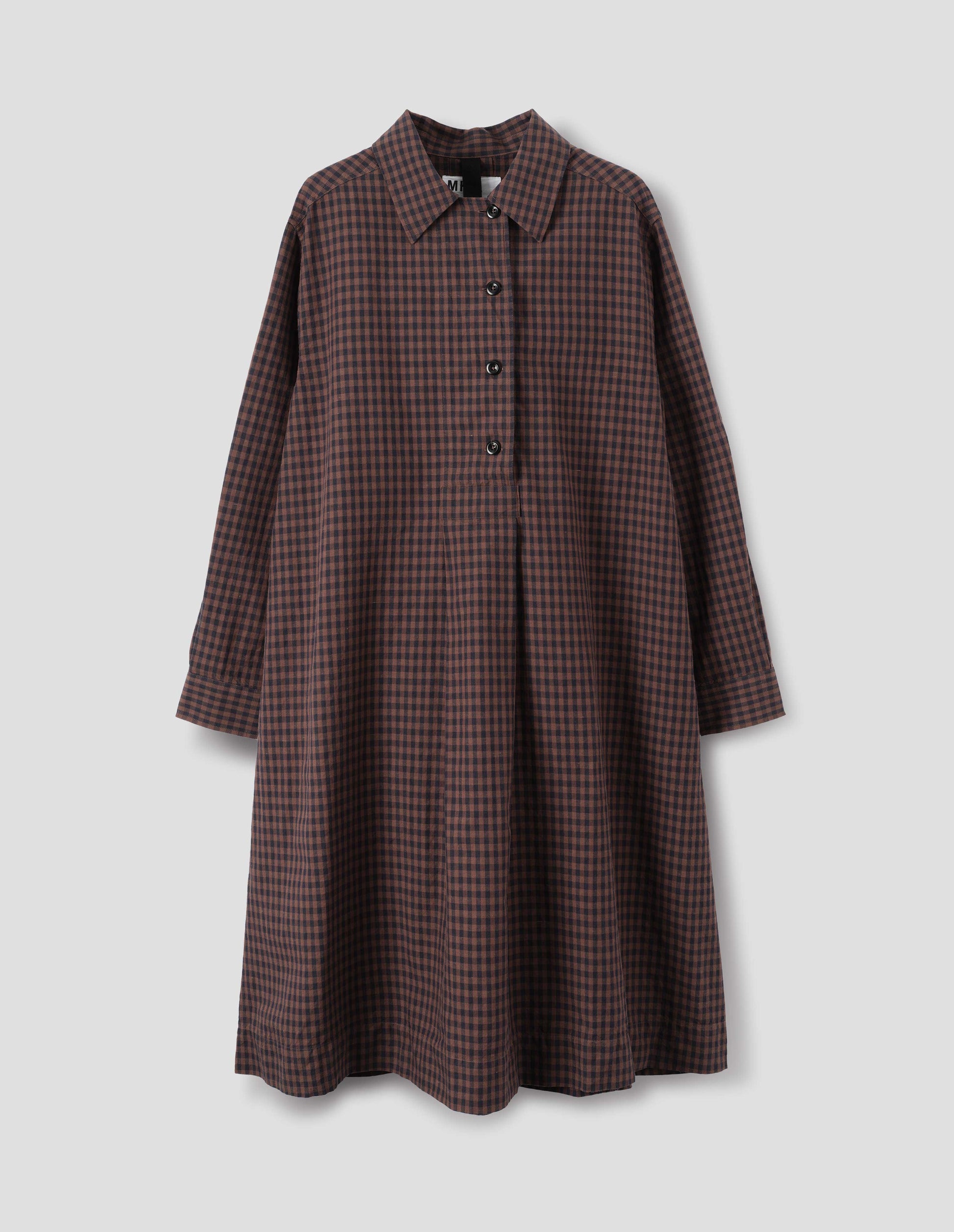 Brown and dark blue check cotton linen dress, with four dark buttons and box pleat skirt, front flat lay view.