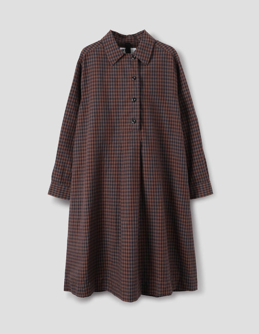 Brown and dark blue check cotton linen dress, with four dark buttons and box pleat skirt, front flat lay view.