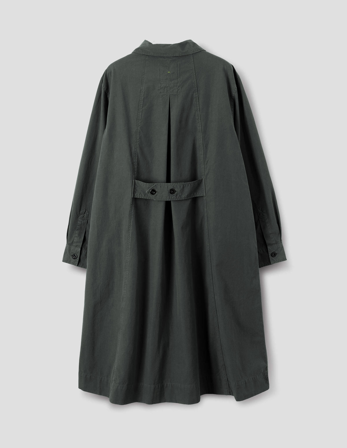 Dark grey mid length pull on cotton dress with an inverted pleat on the back panel, an adjustable button belt and double pleat shirt cuffs, back flat lay view.