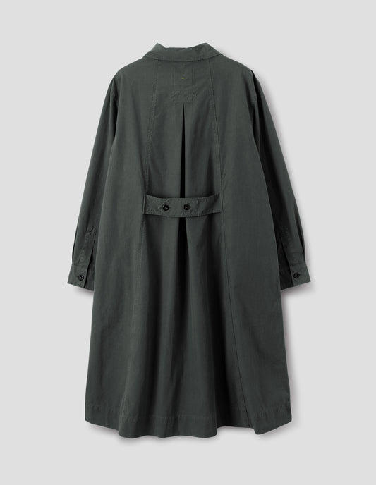 Dark grey mid length pull on cotton dress with an inverted pleat on the back panel, an adjustable button belt and double pleat shirt cuffs, back flat lay view.