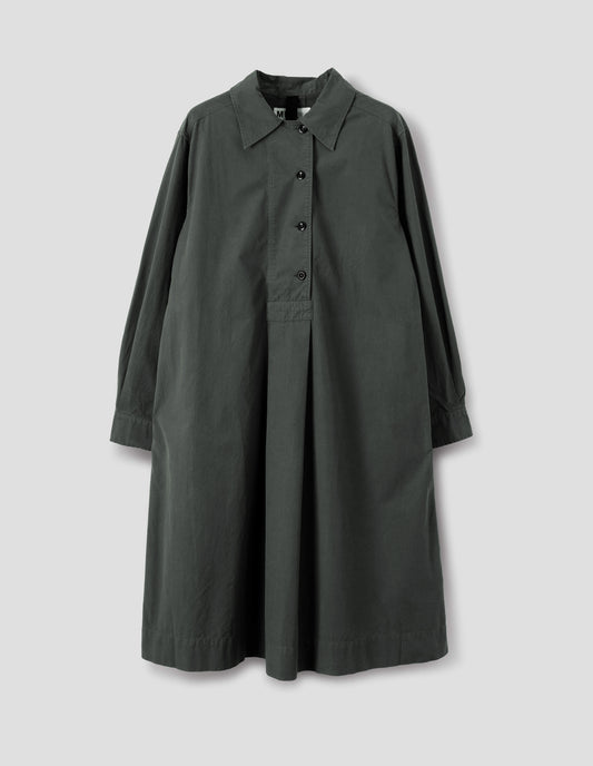 Dark grey mid length pull on cotton dress with a wide offset button placket, a box pleat skirt, side seam pockets and double pleat shirt cuffs, front flat lay view.