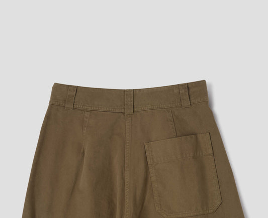 Light brown cotton trousers with a back patch pocket and shaping darts, back flat lay view.