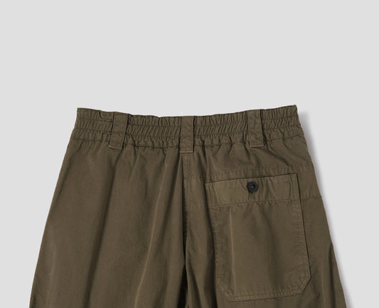 Green brown cotton culottes, with elasticated waist and belt loops, a patch pocket with button, back flat lay view.