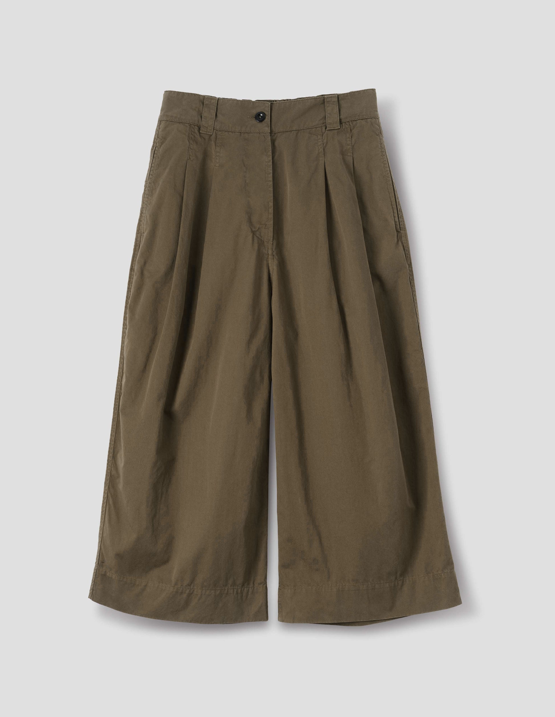 Green brown cotton culottes, with front pleats, a dark button and belt loops, front flat lay view.