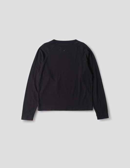 Black cotton linen raglan t shirt with a rib crew neck, back flat lay view.