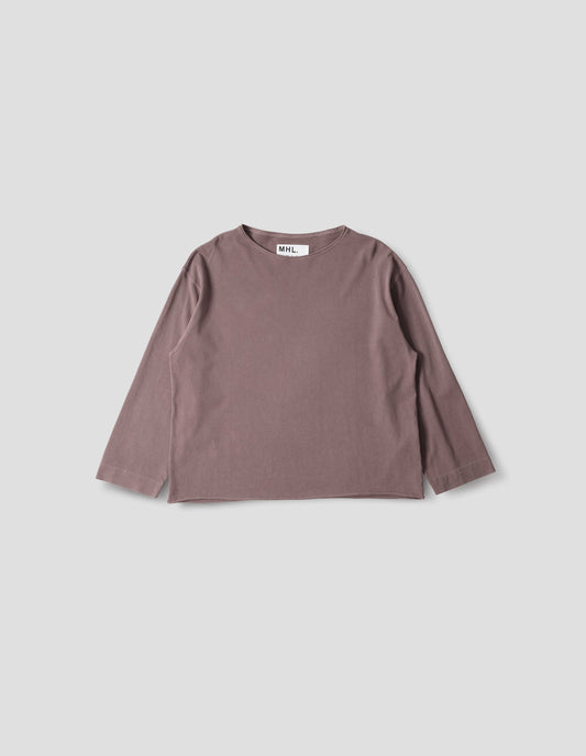 Purpleish pink cotton jersey top, with rolled raw edge neck and hem and wide cuffs, front flat lay view.