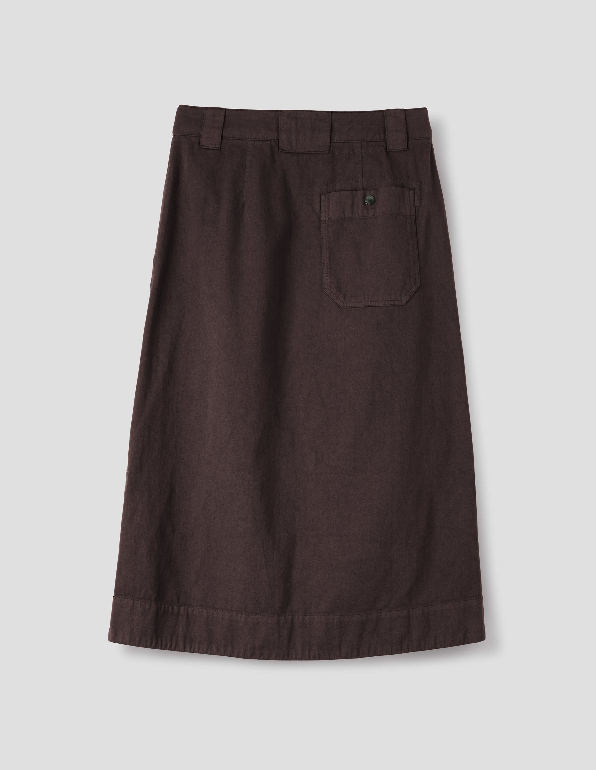 Dark brown A line skirt with side splits, belt loop detail on back and back patch pocket with reinforced stitch detailing. Back flat lay view. 