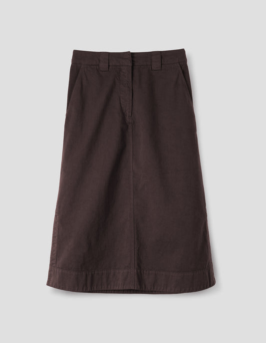 Dark brown A line skirt with side splits, double hook and bar fastening waistband, belt loops and slant pockets. Front flat lay view.