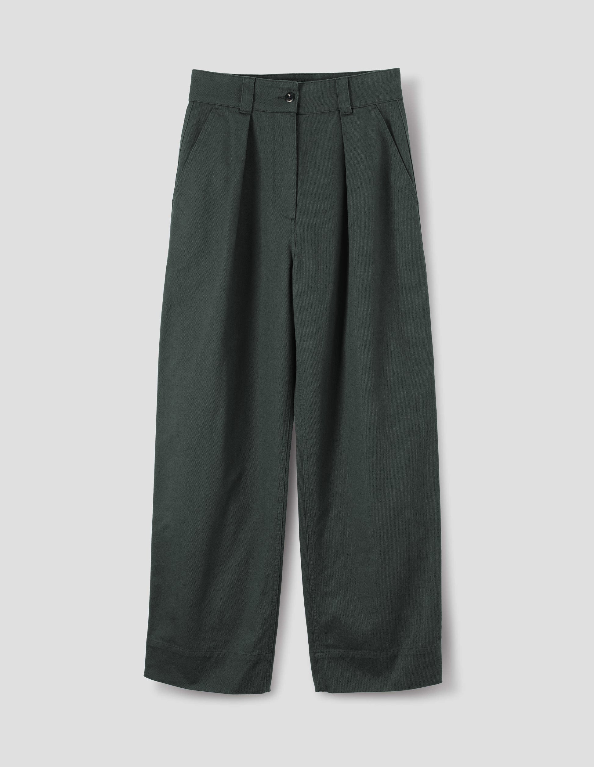 Greyish green cotton high waisted single pleat trousers, front flat lay view.