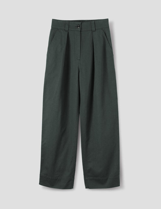 Greyish green cotton high waisted single pleat trousers, front flat lay view.