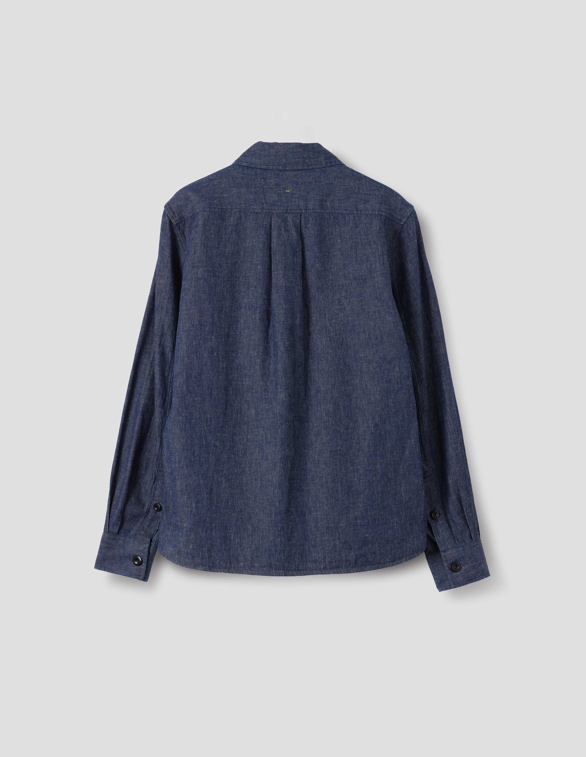 Blue cotton linen shirt, with back yoke, box pleat and button cuffs, back flat lay view.