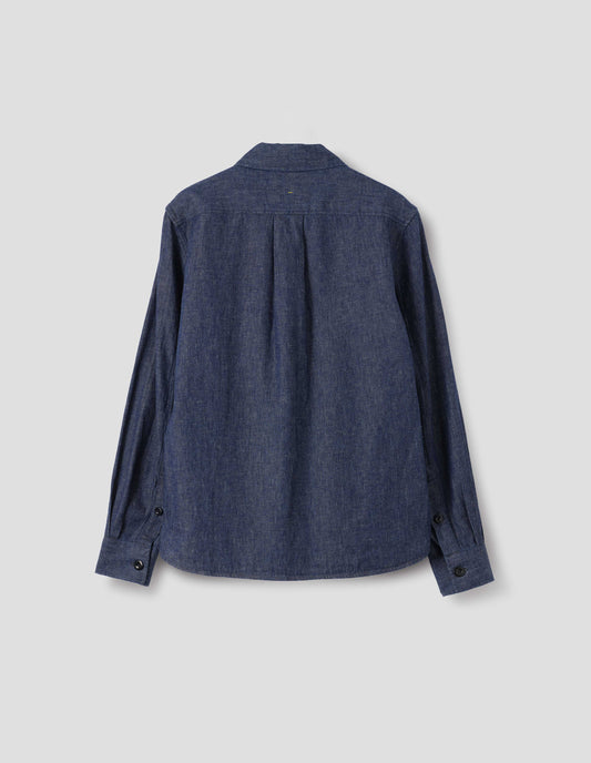 Blue cotton linen shirt, with back yoke, box pleat and button cuffs, back flat lay view.