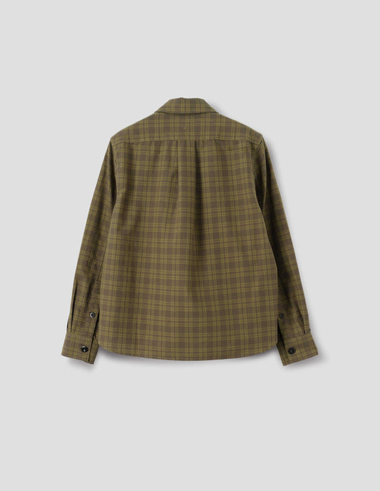 Green tonal check cotton shirt with a box pleat at the back yoke, a button-through cuff gauntlet and a curved hem. Back flat lay view.