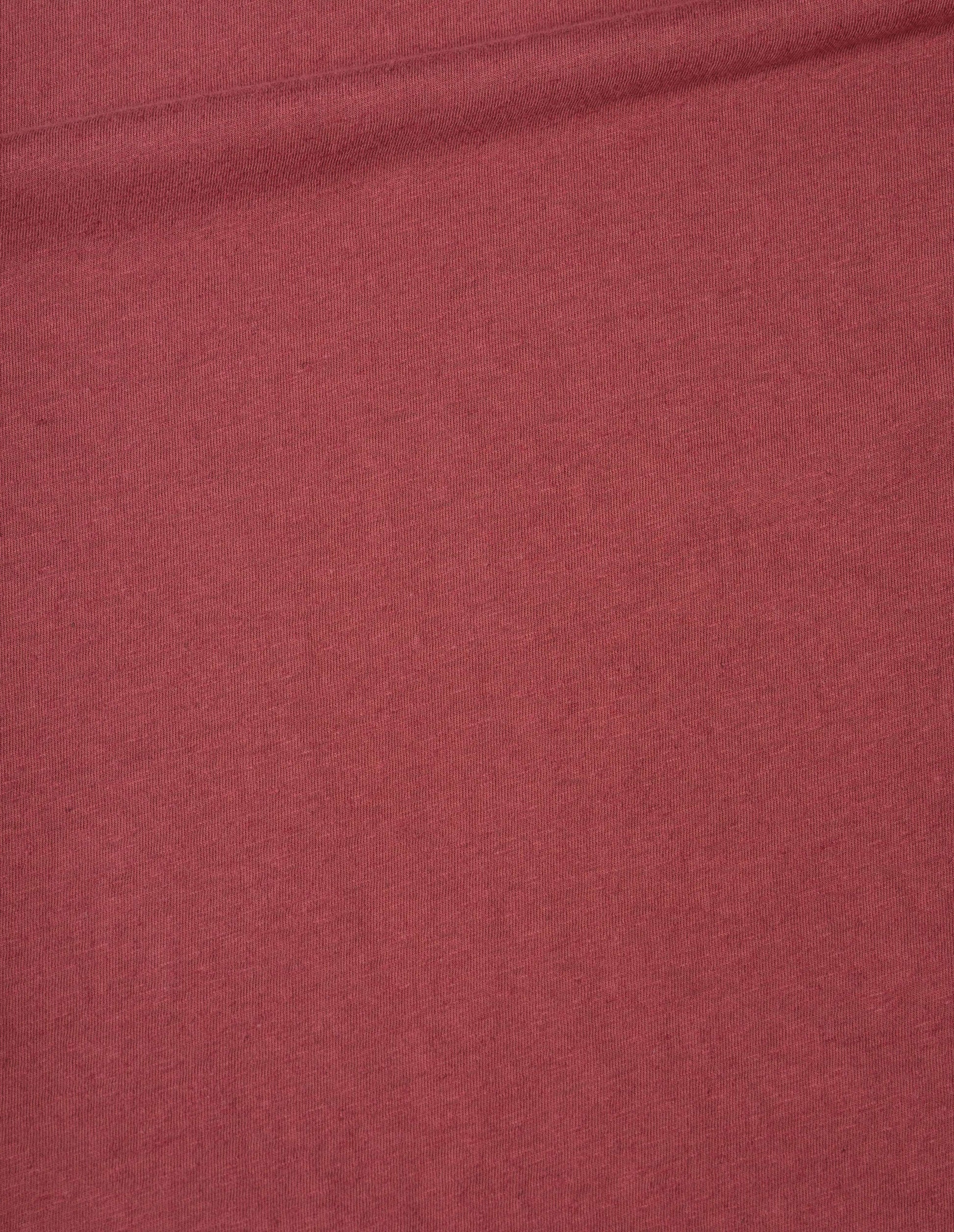 Red boxy cotton linen short sleeve t shirt, fabric swatch.