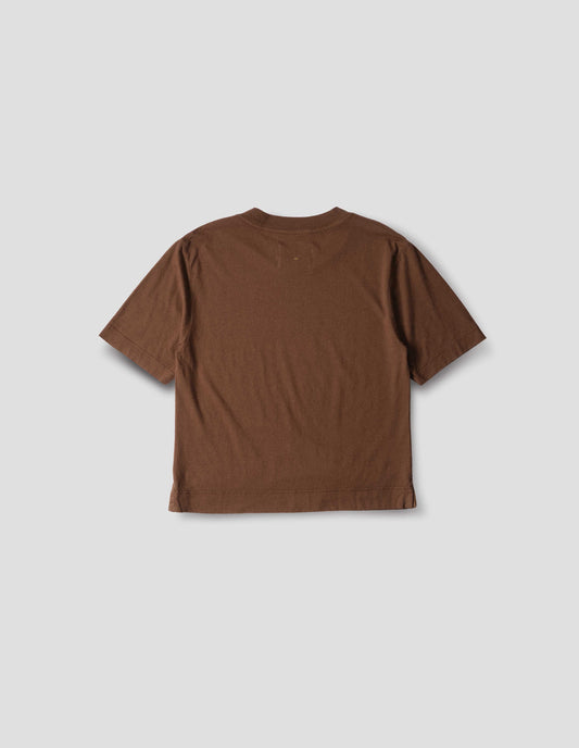 Brown cotton t shirt, with side vents, back flat lay view.