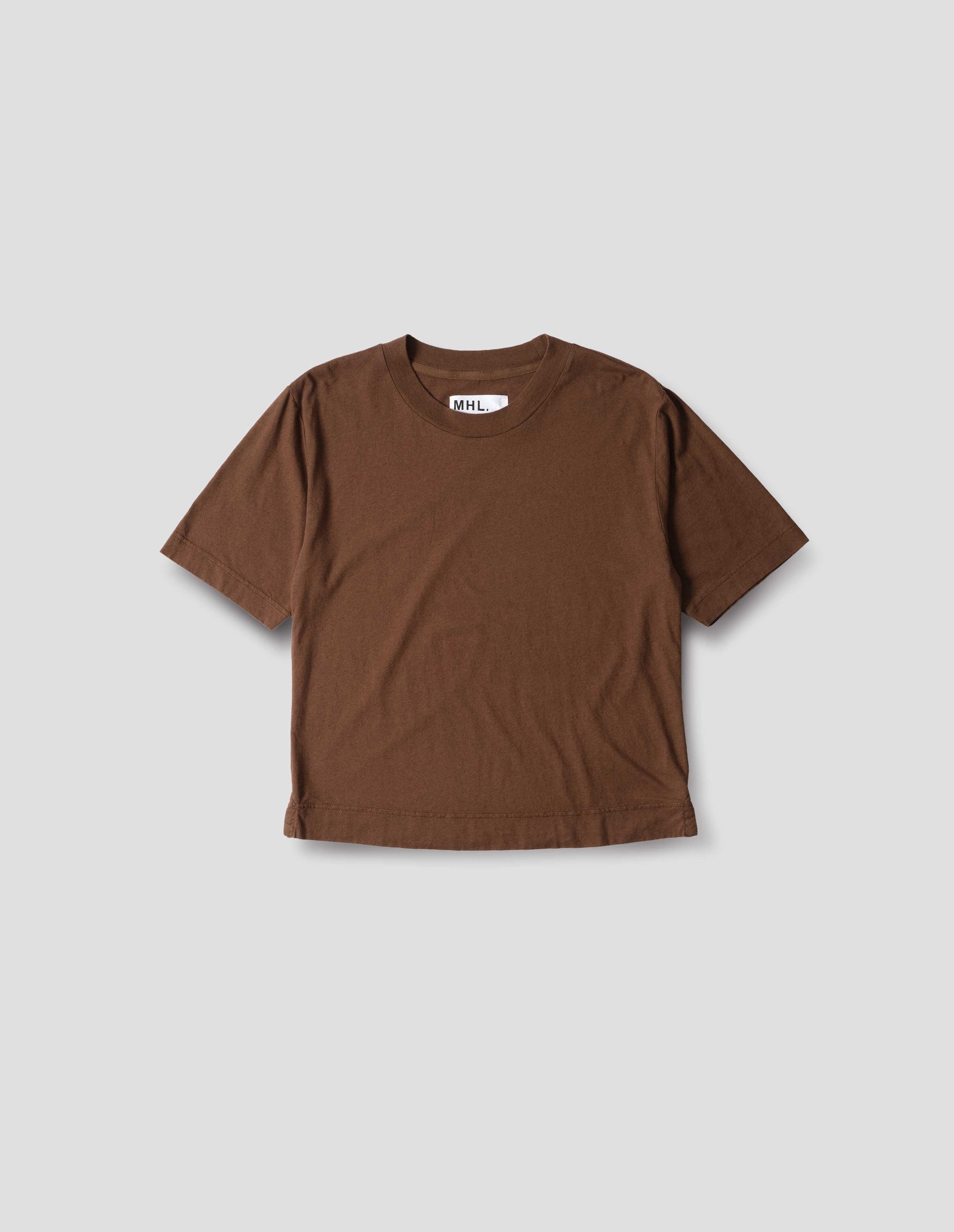 Brown cotton t shirt, with side vents, front flat lay view.