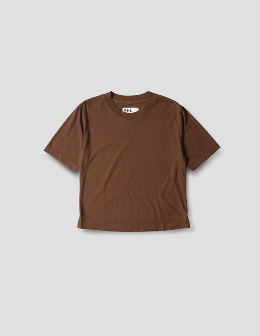 Brown cotton t shirt, with side vents, front flat lay view.