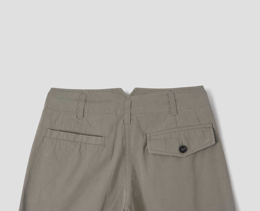 Greyish brown cotton trousers, with belt loops and V shape cutaway on waistband, one welt pocket and one button-fastening flap pocket, back flat lay view.