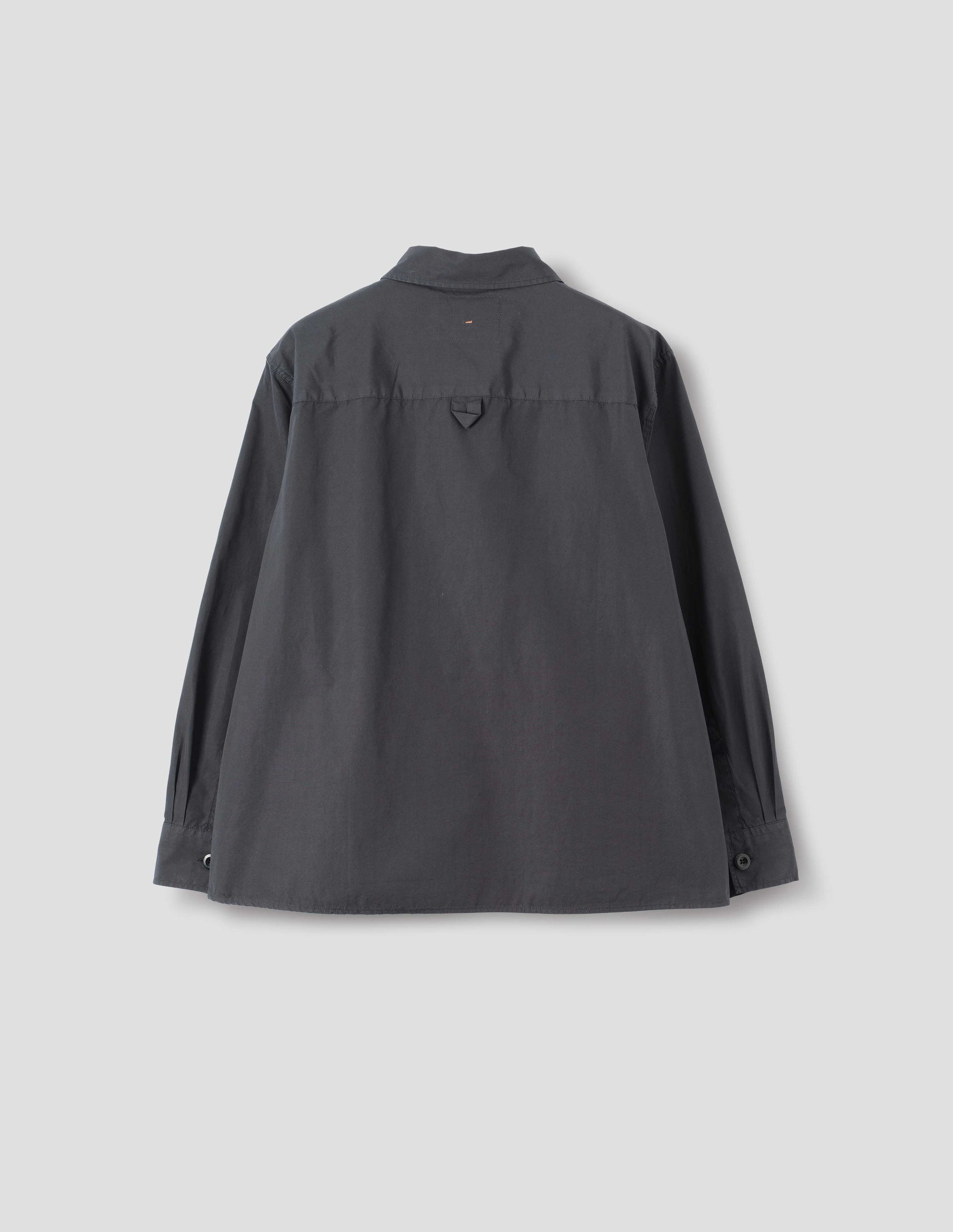 Dark grey cotton shirt, with hanger loop detail on the back yoke, back flat lay view.