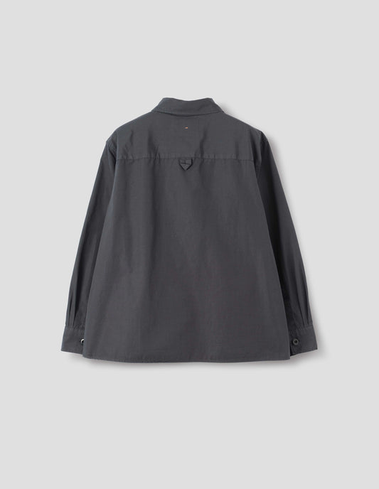 Dark grey cotton shirt, with hanger loop detail on the back yoke, back flat lay view.
