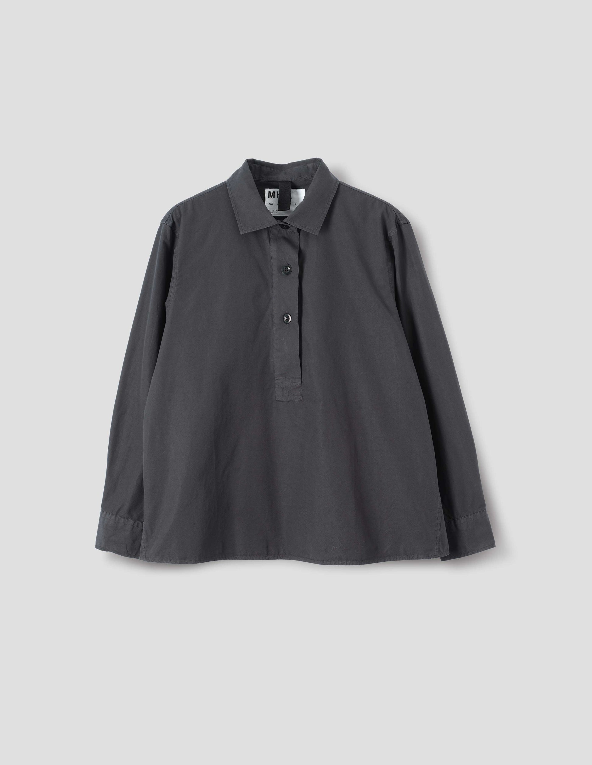 Dark grey cotton shirt, with dark buttons, front flat lay view.