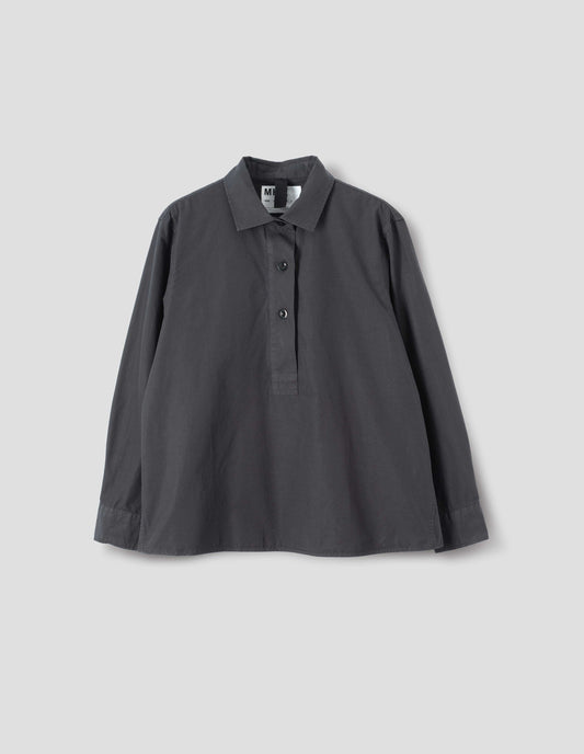 Dark grey cotton shirt, with dark buttons, front flat lay view.
